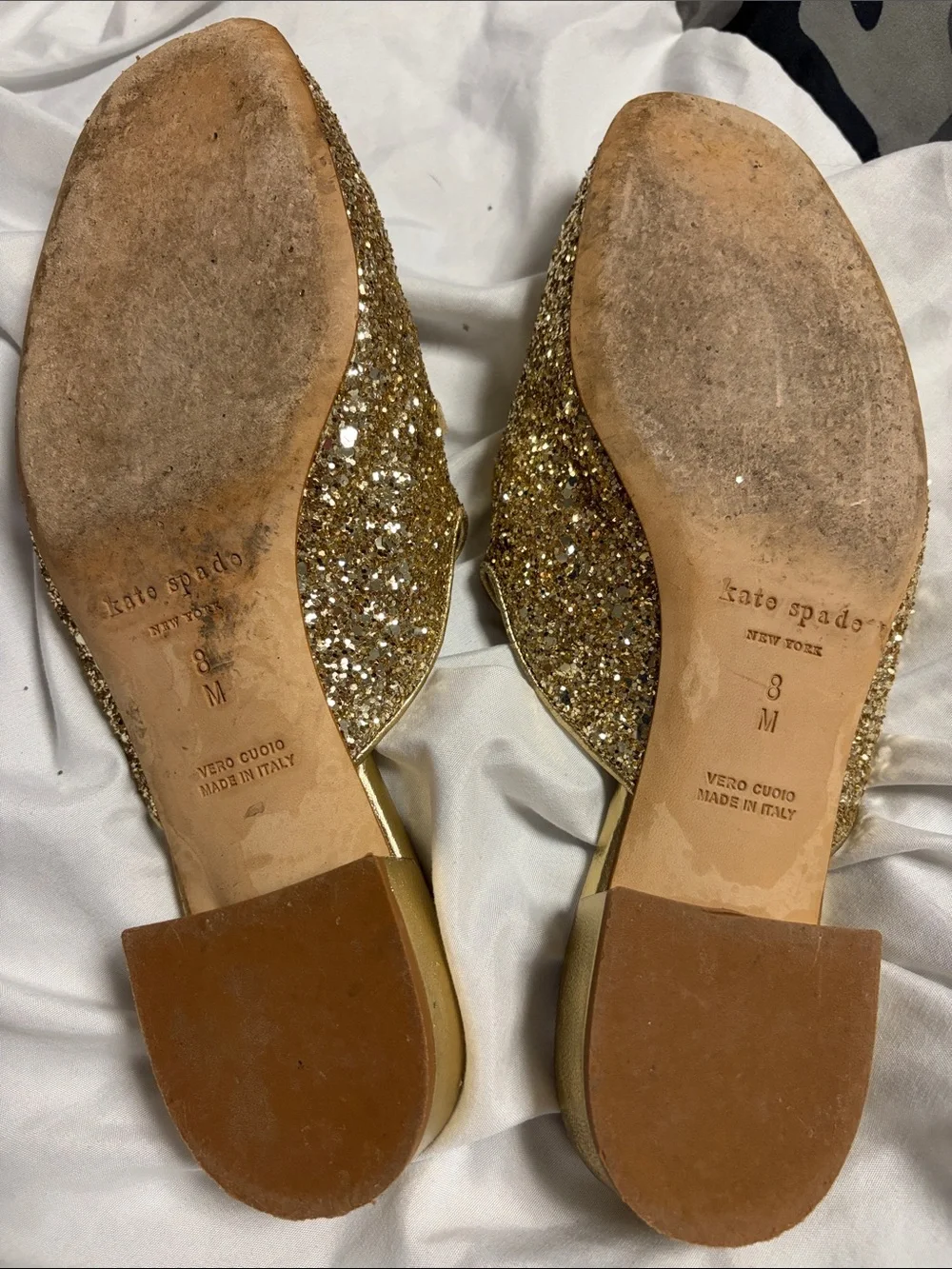 kate spade Gold Glitter Chain-Trim Mules